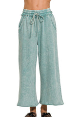 Washed French Terry Palazzo With Pockets ZENANA ASH BLUE S