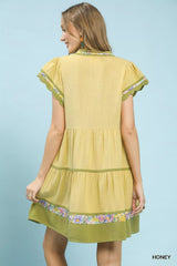 Linen Tiered Flutter Sleeve Dress with Floral Trim Umgee