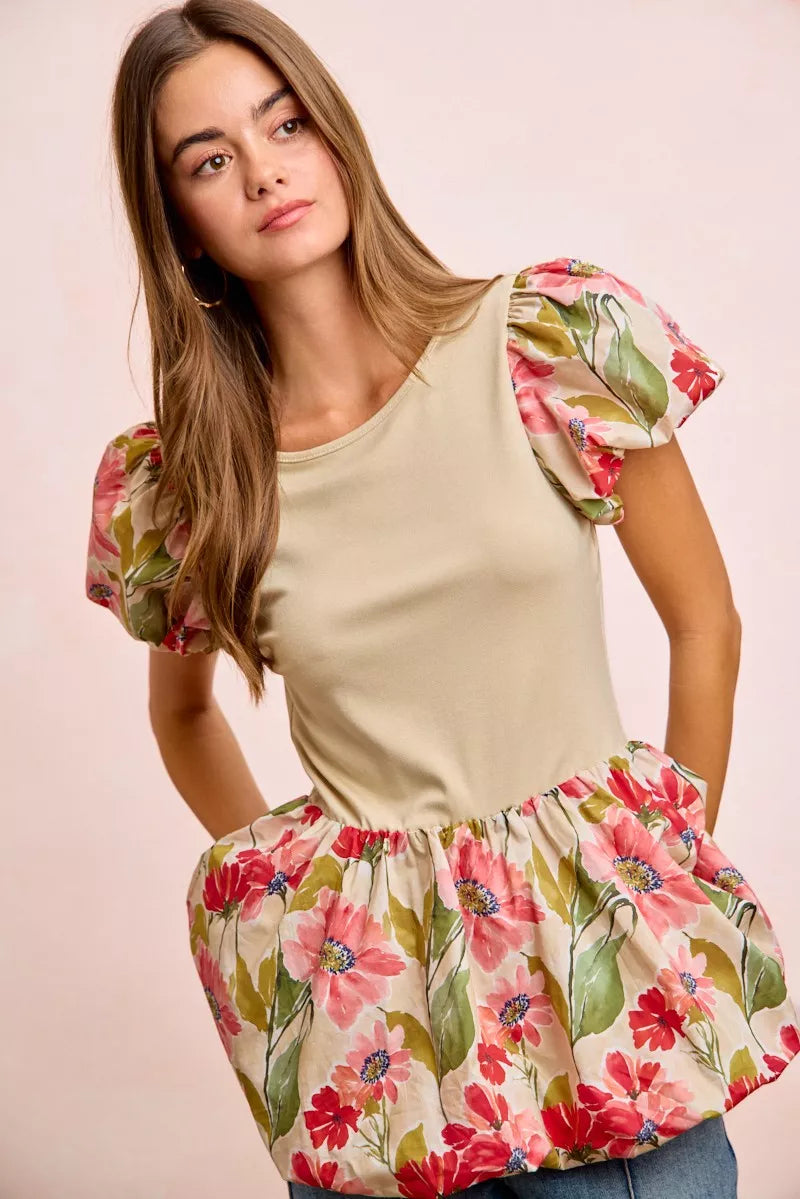 Floral Printed Bubble Sleeves and Hem Peplum Top BiBi