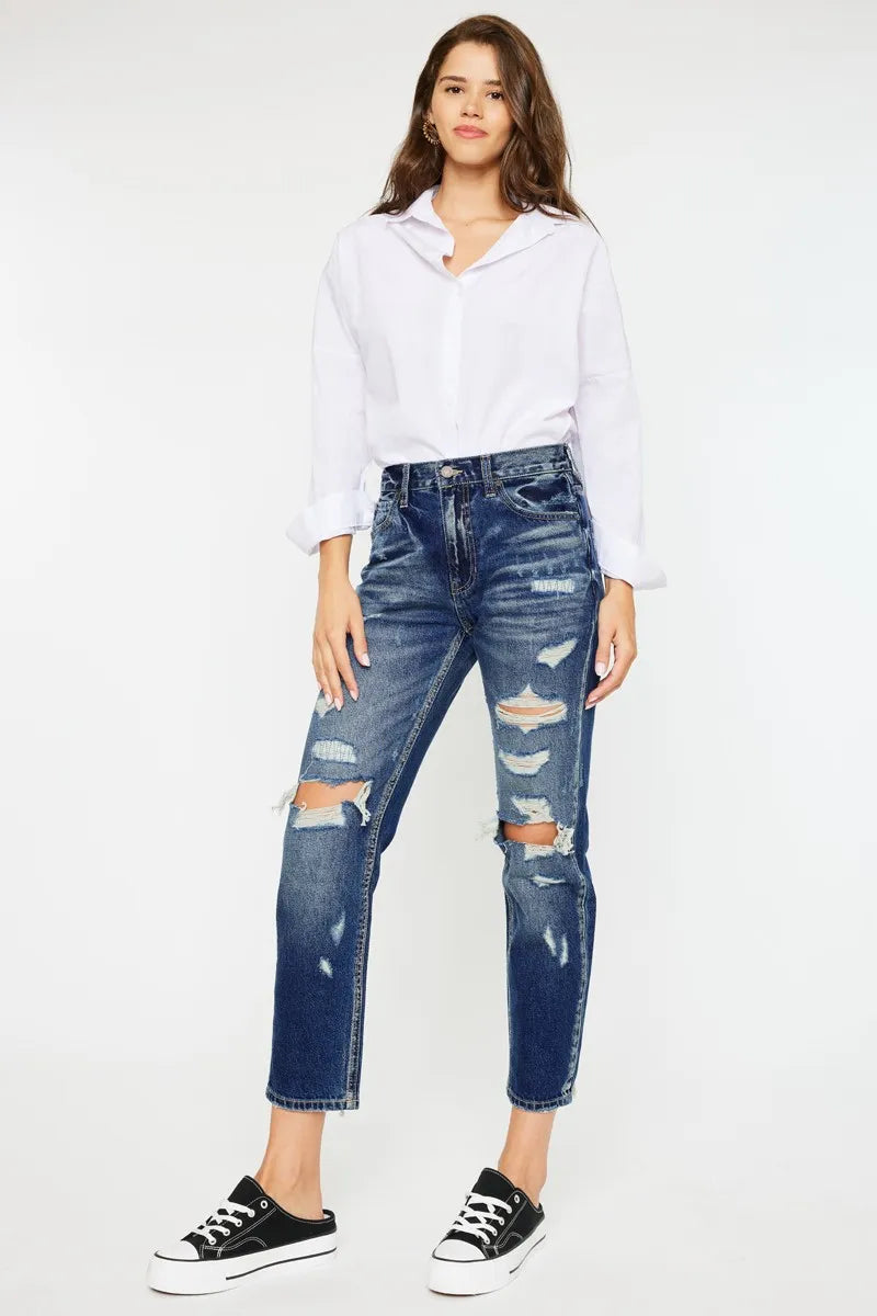High Rise Distressed Mom Fit Jeans Kancan