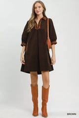 V-Neck Shift Dress with Contrast Trim + Pockets Umgee
