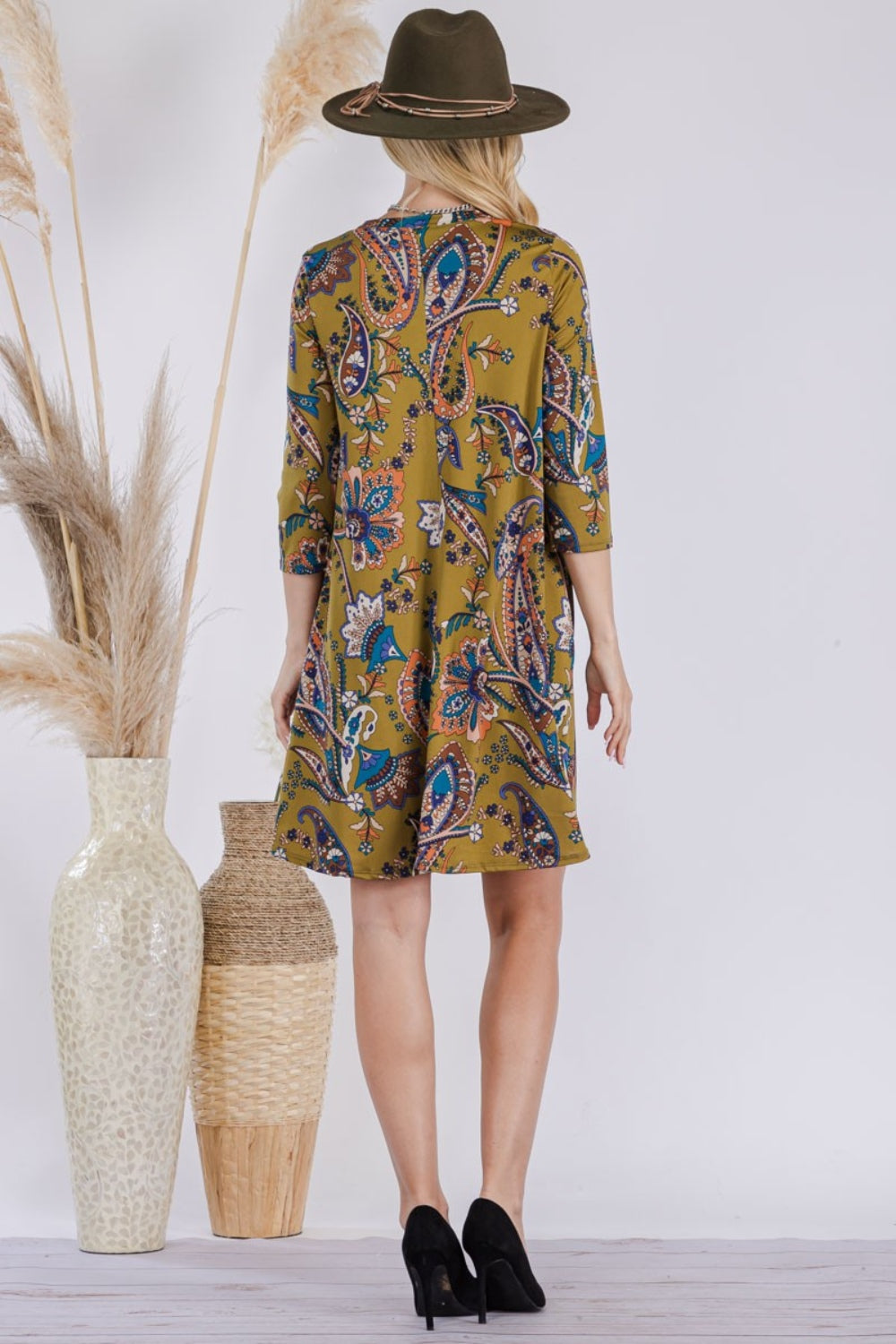 Paisley Print Round Neck Quarter Sleeve Dress with Pockets Celeste   