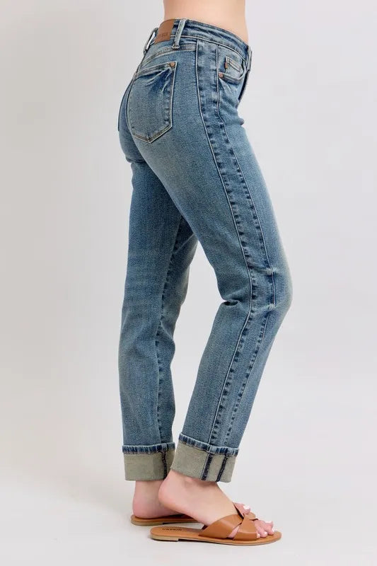 Mid Rise Vintage Wash Double Roll Cuff Boyfriend Jeans with Plus Size Judy Blue