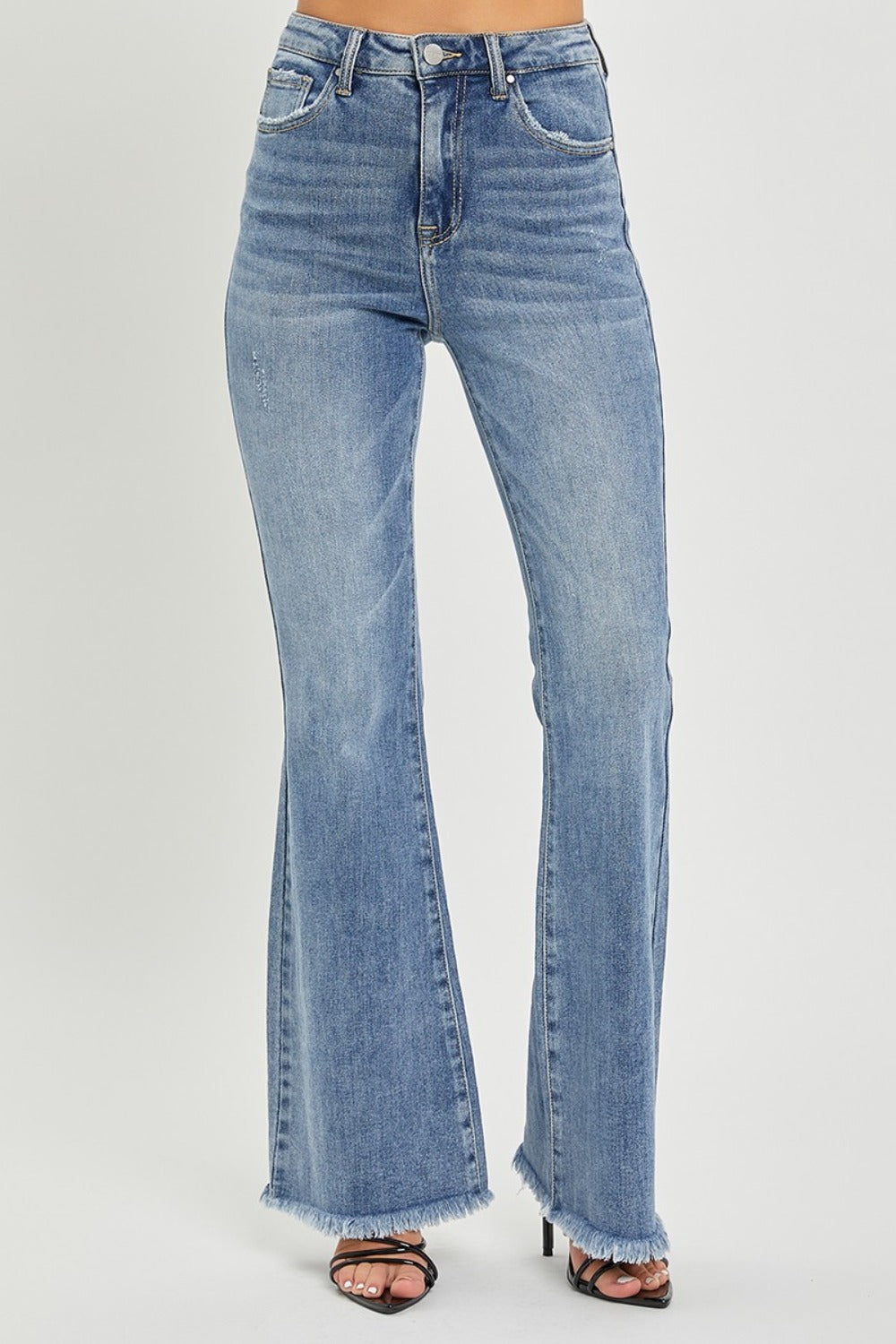 High Waist Raw Hem Flare Jeans Risen   