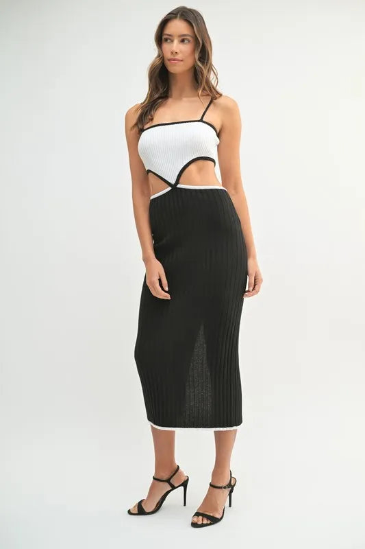 Ribbed Knit Color Block Cutout Midi Dress Mable