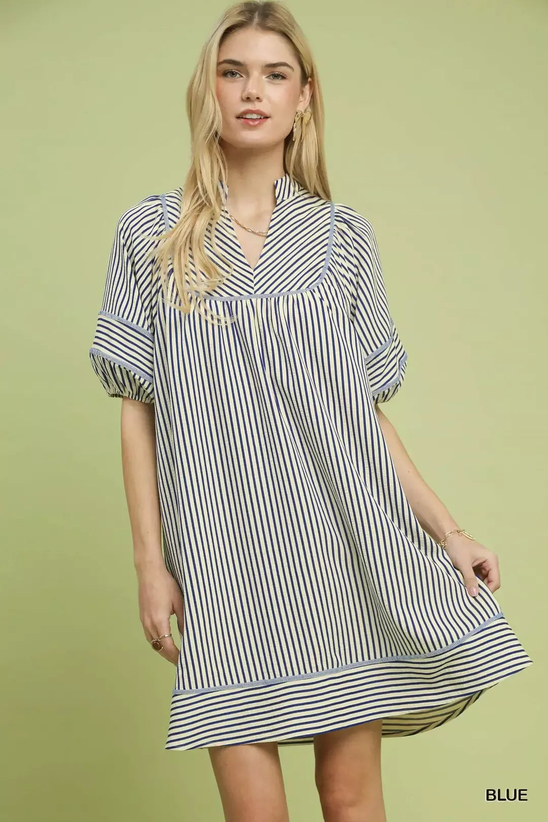 Striped Puff Sleeve Shift Dress Umgee BLUE S