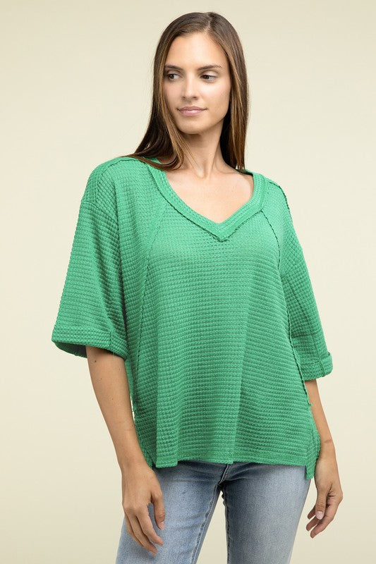 Brushed Waffle Relaxed 3/4 Sleeve Top ZENANA   