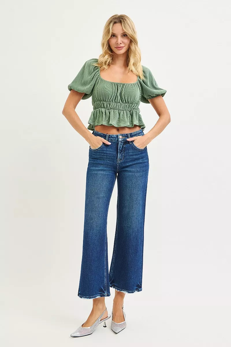 Tummy Control 4 Way Stretch High Rise Crop Wide Leg Jeans Risen