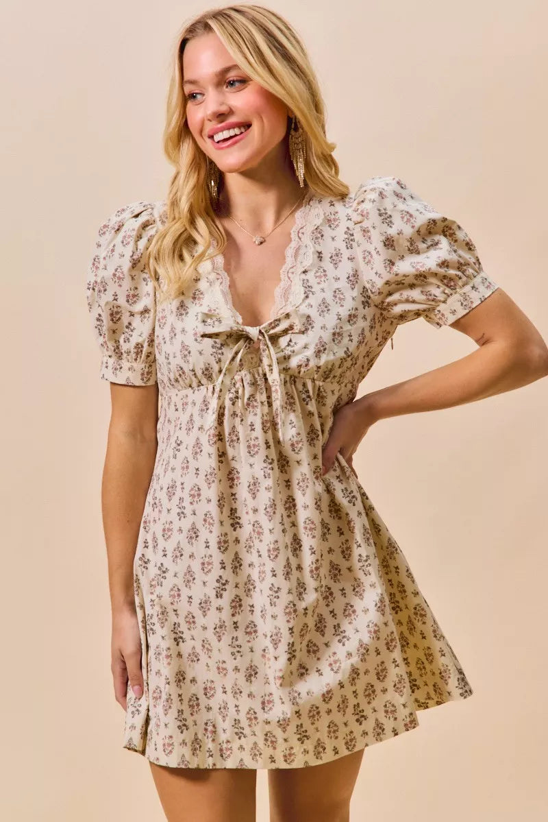 Floral Print Lace Trim Short Sleeves Mini Dress So Me