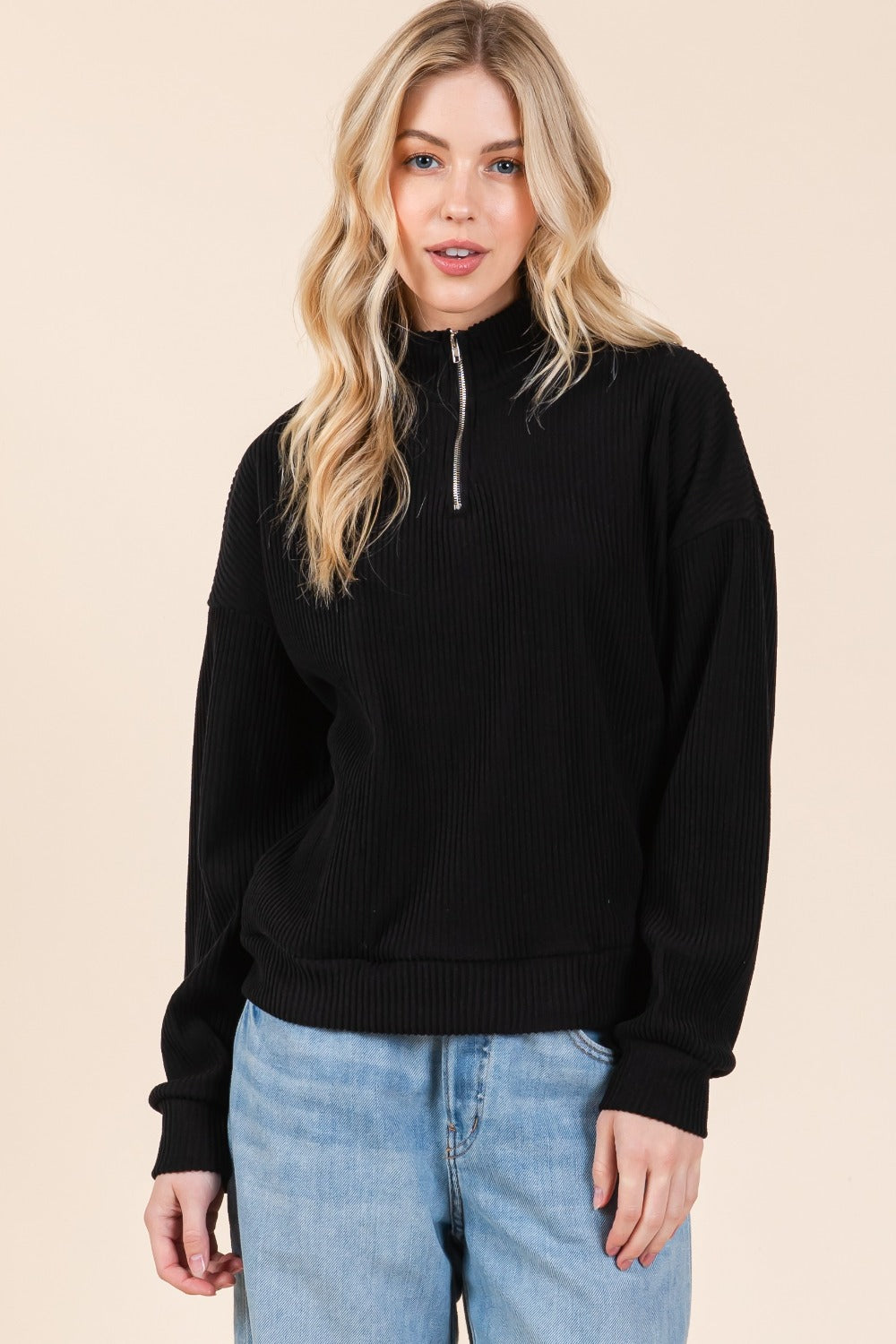 Quarter Zip Long Sleeve Sweatshirt with Pockets BomBom Black S 