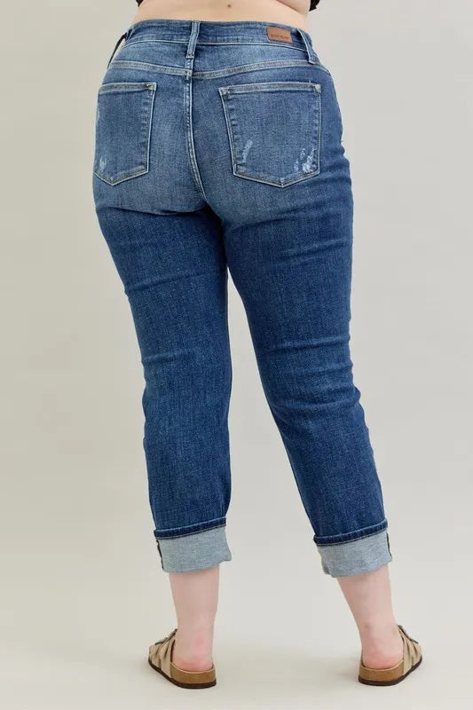 Mid Rise Cuffed Destroy Bf Jeans With Plus Size Judy Blue