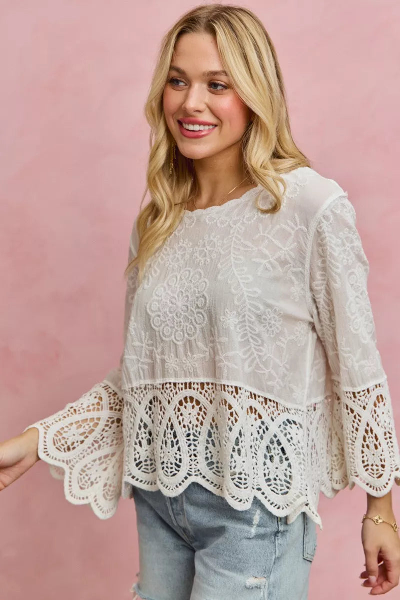 Floral Embroidered Crochet Lace Trimmed Top So Me