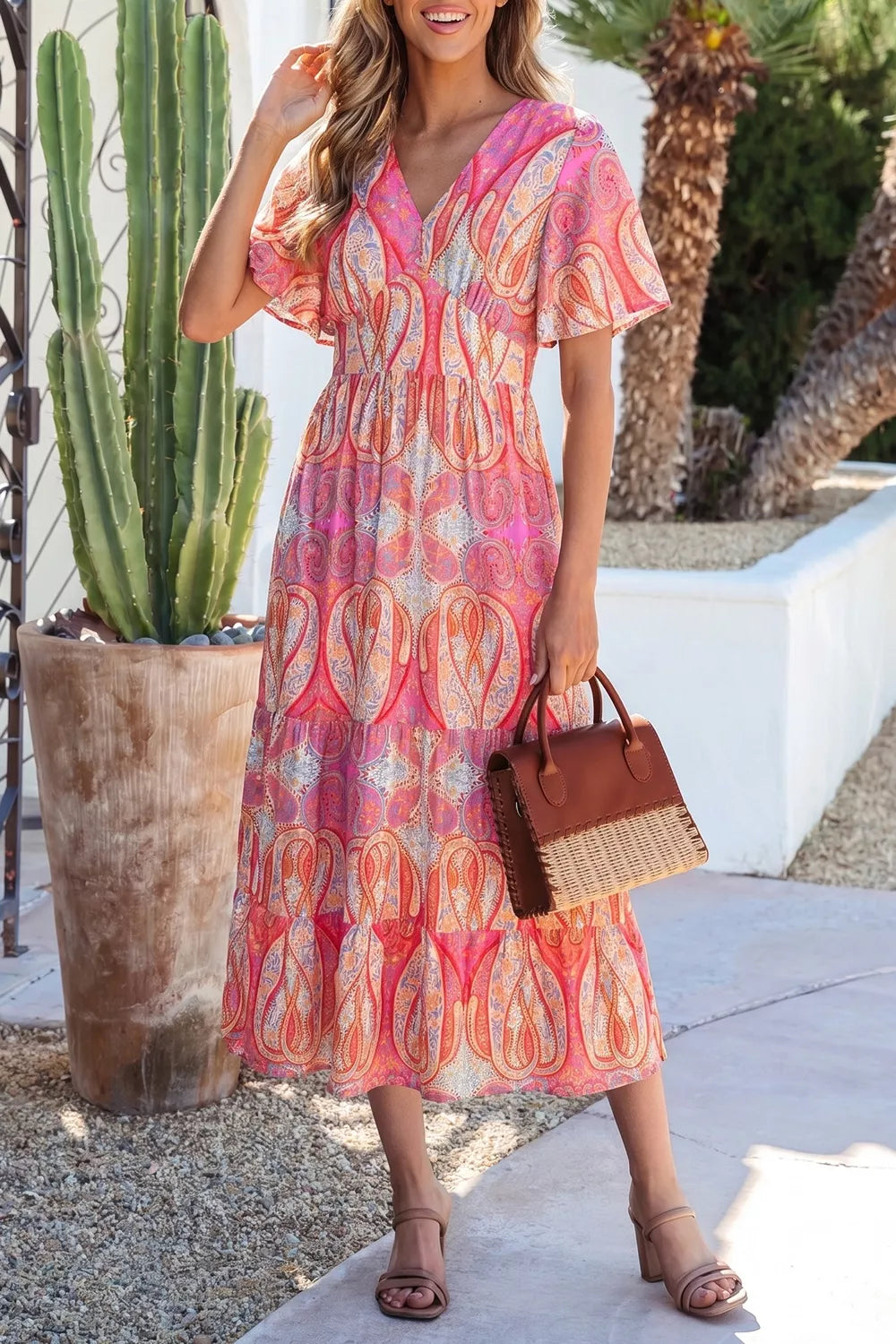Simmer & Fay paisley print V-neck short sleeve boho midi dress with ruffle details in pink tones