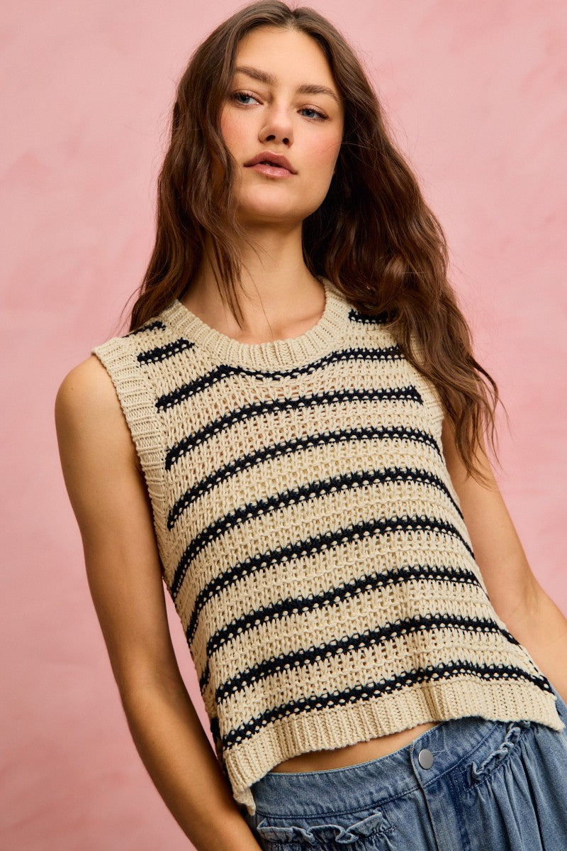 Low Gauge Textured Stripe Sleeveless Sweater Top So Me
