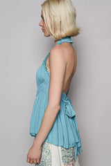 Backless Halter Sleeveless Top with Smocking Shirring Detail POL
