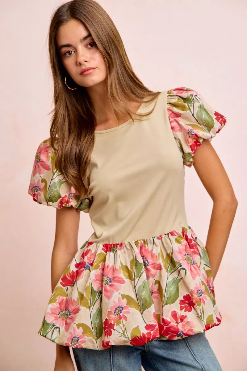 Floral Printed Bubble Sleeves and Hem Peplum Top BiBi