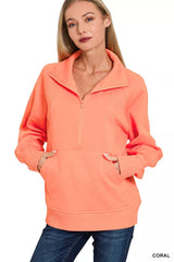 Half Zip Fleece Sweatshirt with kangaroo Pocket ZENANA CORAL S