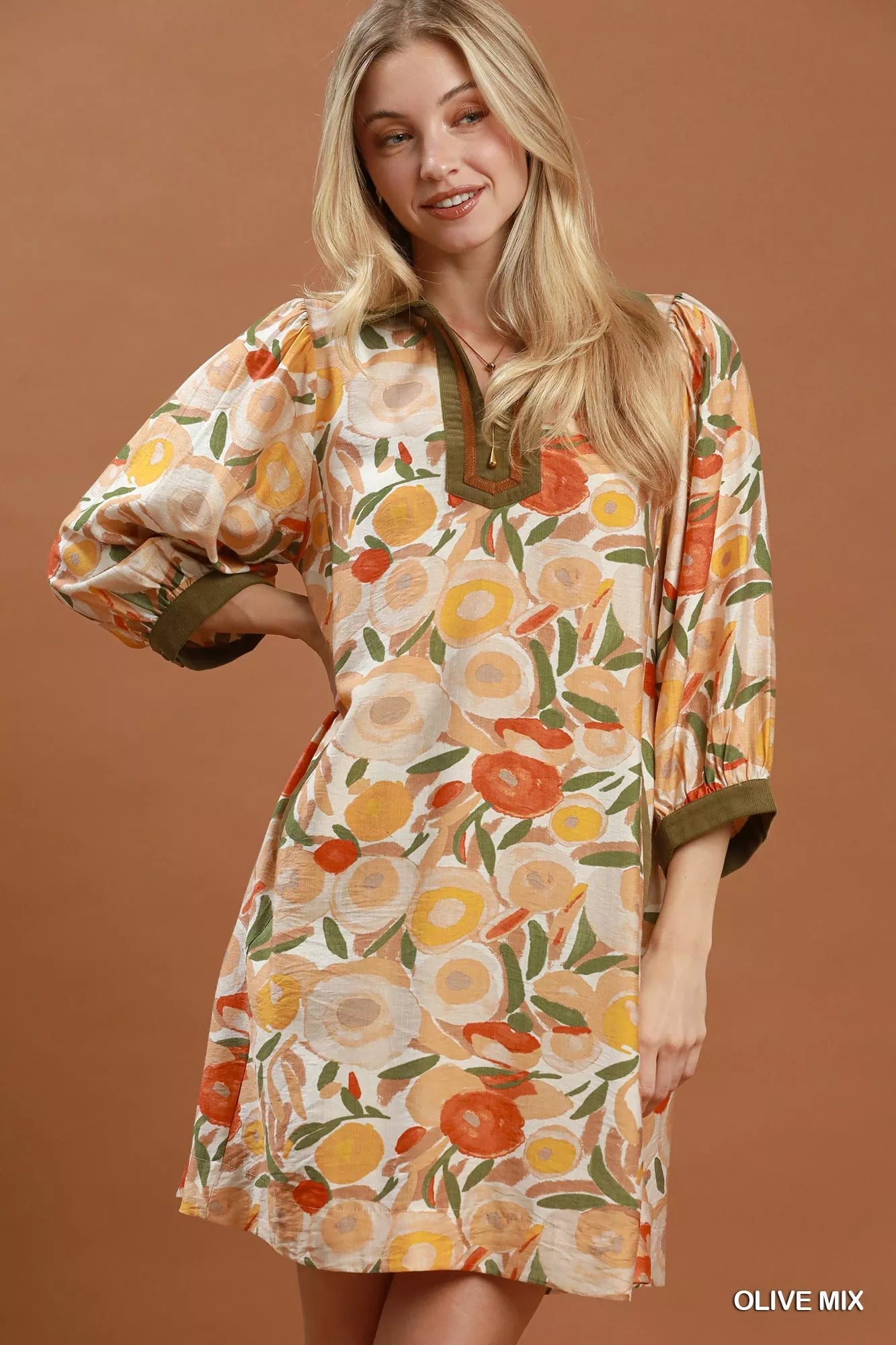 Mix Floral Contrast Trim Shift Mini Dress Umgee OLIVE MIX S