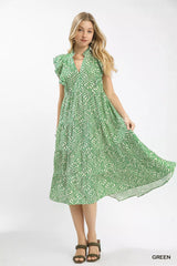 Leaf Print Tiered Midi Dress with Ruffle Detail Umgee