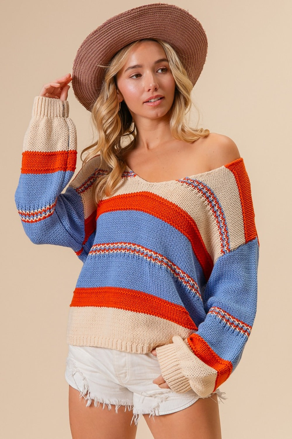 Multi Color Stripe Scoop Neck Sweater BiBi Rust/Oatmeal/Blue S 