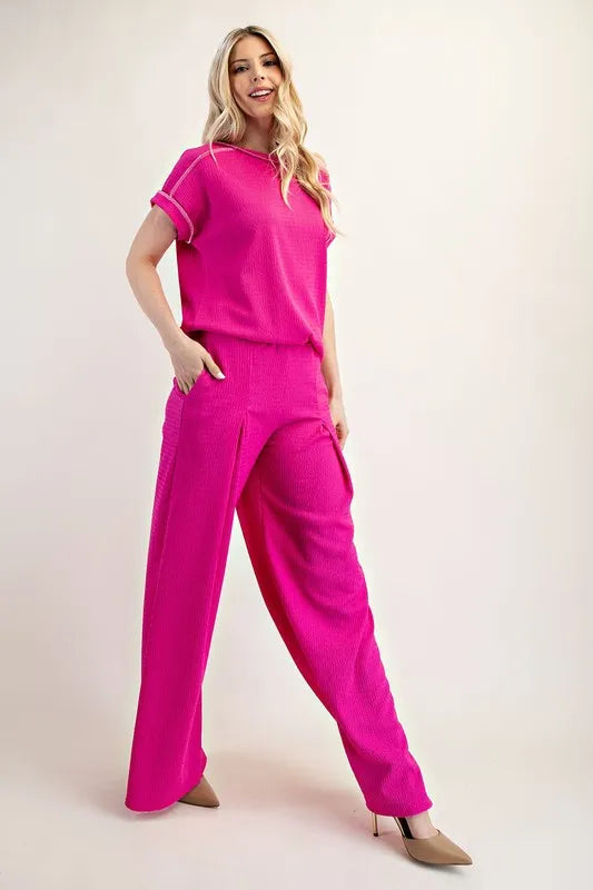 Textured Wide-Leg Pants with Pockets Celeste