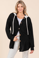 Textured Button Down Drawstring Hooded Shacket BomBom