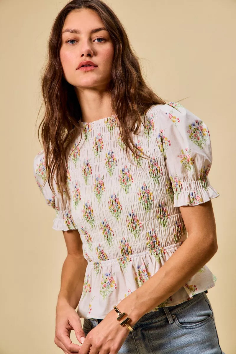 Floral Cotton Smocked Short Sleeves Blouse So Me