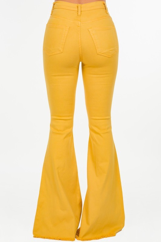 Mustard High Waisted Bell Bottom Frayed Hem Jeans GJG Denim   