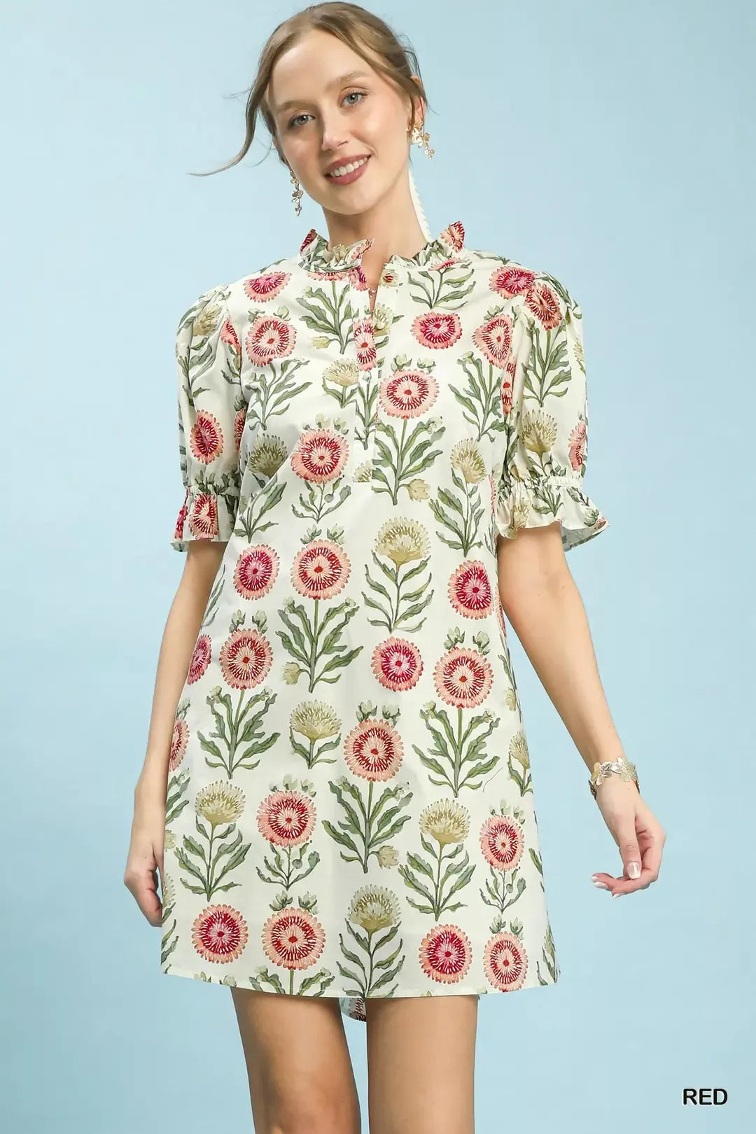 Floral Puff Sleeve Babydoll Dress with Side Pockets Umgee RED S