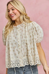 Floral Print Lace Trim Short Sleeves Blouse So Me