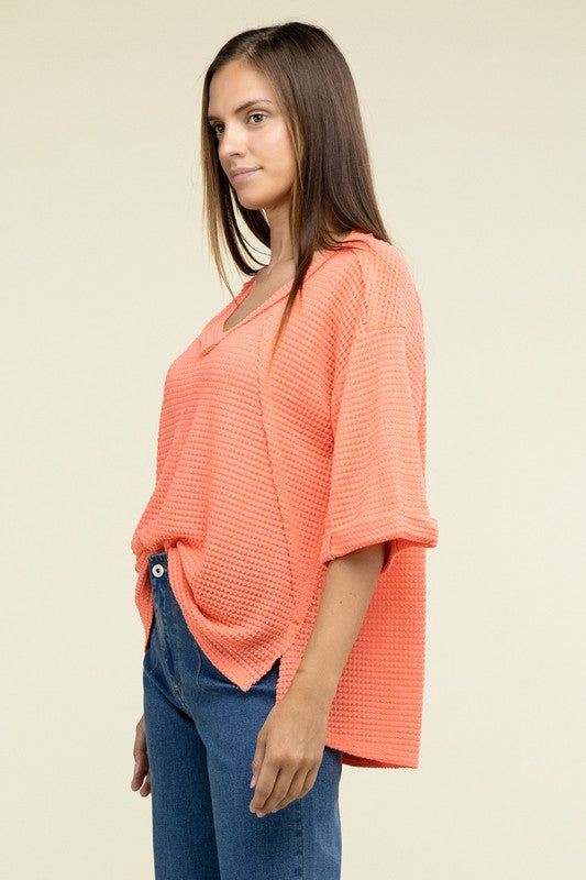 Brushed Waffle Relaxed 3/4 Sleeve Top ZENANA   