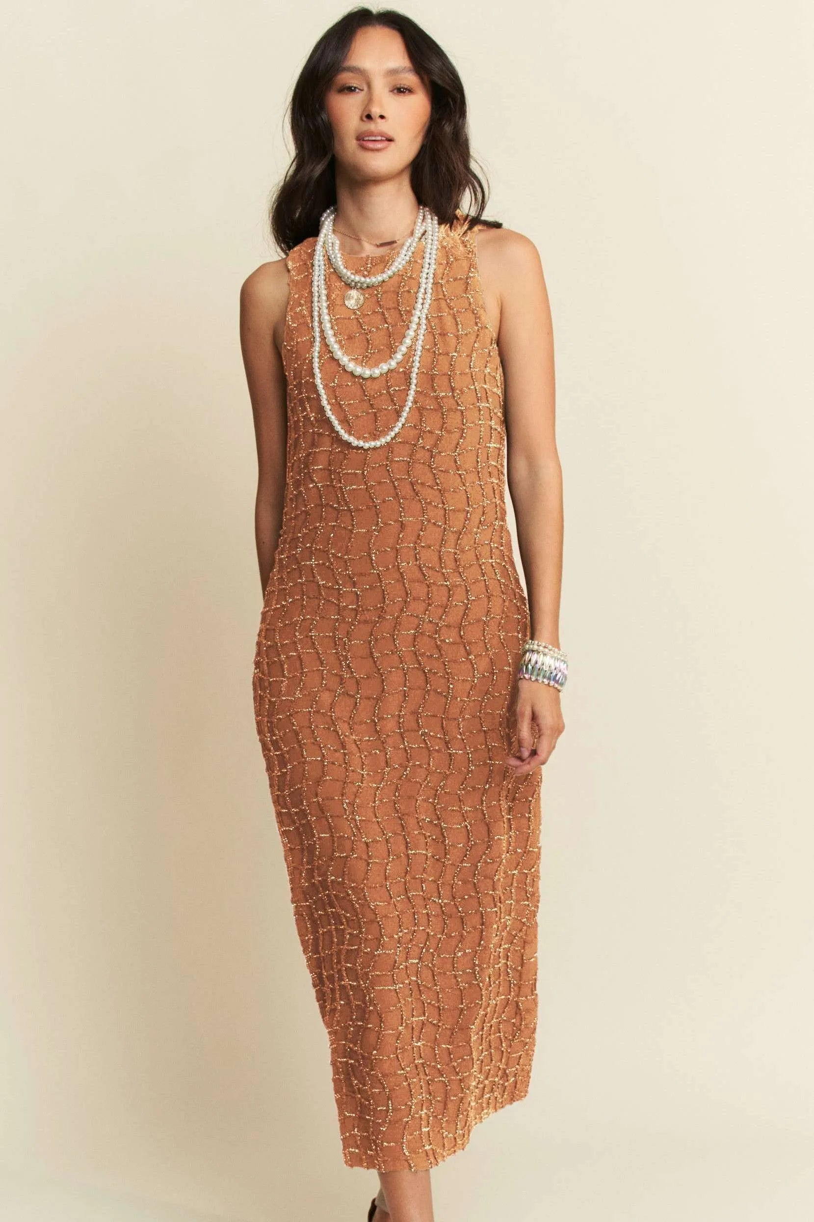 Golden Textured Zippered Midi Dress Davi & Dani