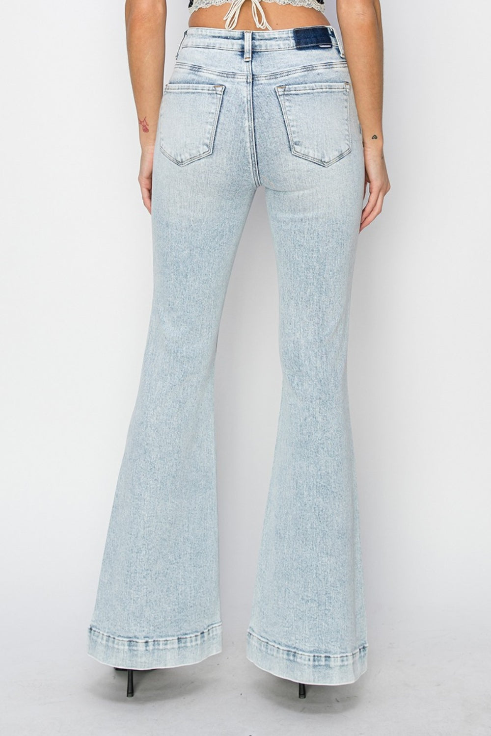 High Rise Front Patch Pocket Flare Jeans Risen   