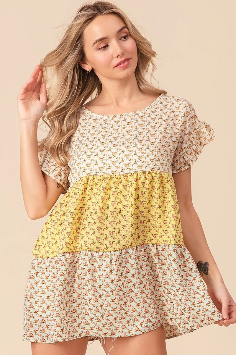 Floral Printed Woven Color Block and Tiered Top BiBi