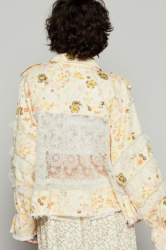 Raw Hem Lace Patch Flounce Sleeve Jacket POL