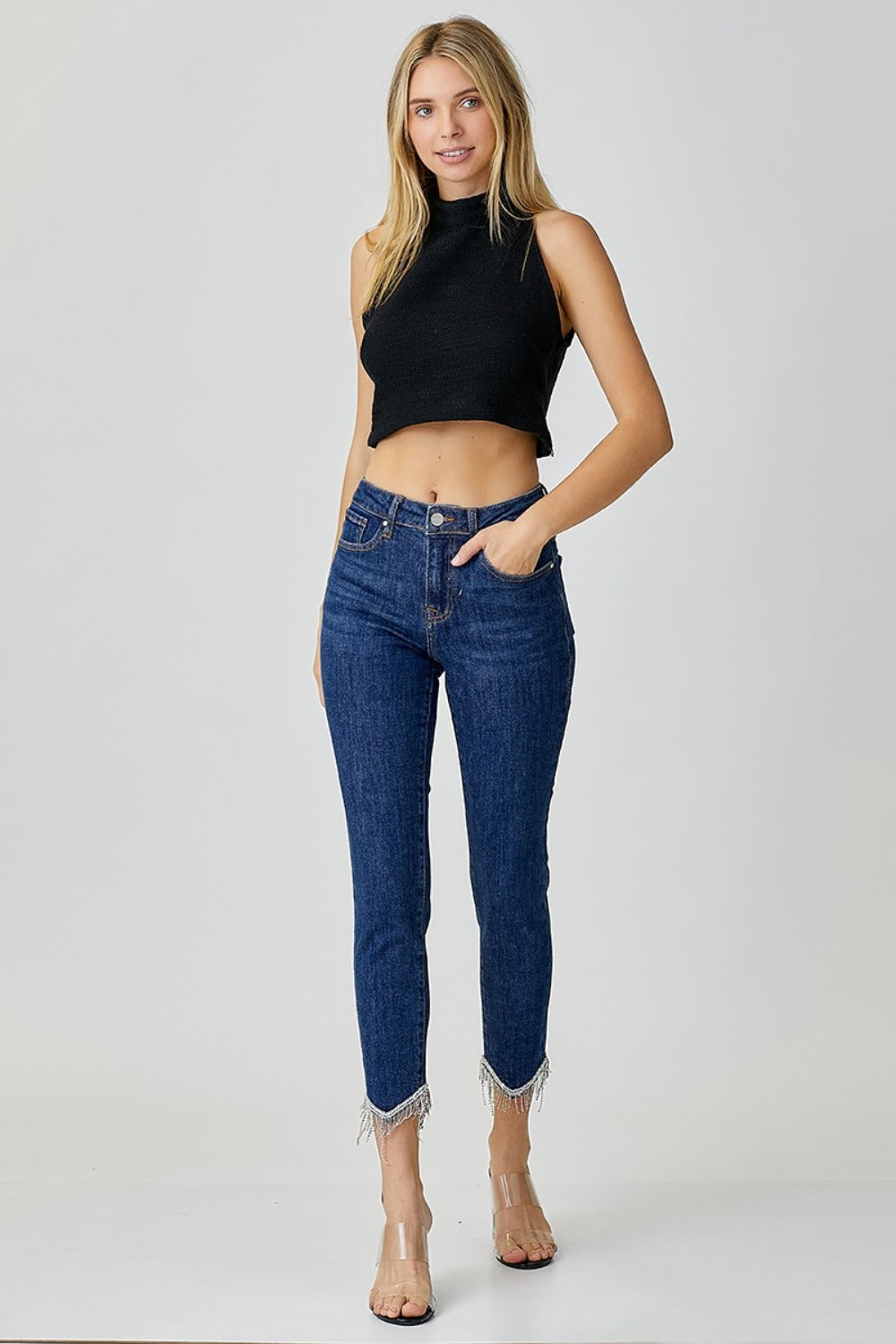 Embellished Mid Rise Crop Skinny Jeans Risen   