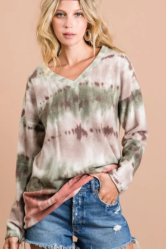 Brushed Tie Dye Looking Print V Neck Top BiBi OLIVE/TAUPE/RUST S