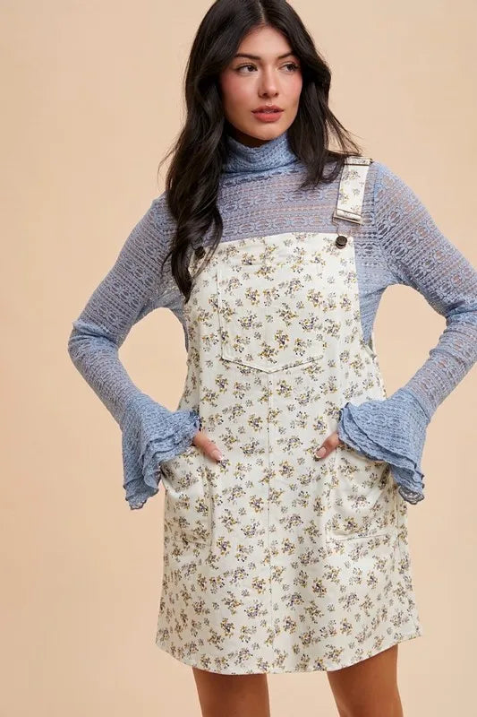 Stretch Ditsy Print Denim Overall Mini Dress Annie Wear