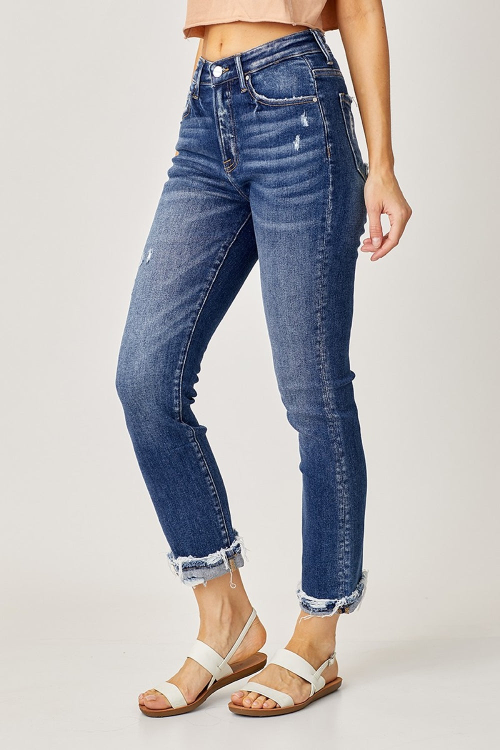 High-Rise Cat Whisker Frayed Cuffed Straight Jeans Risen   