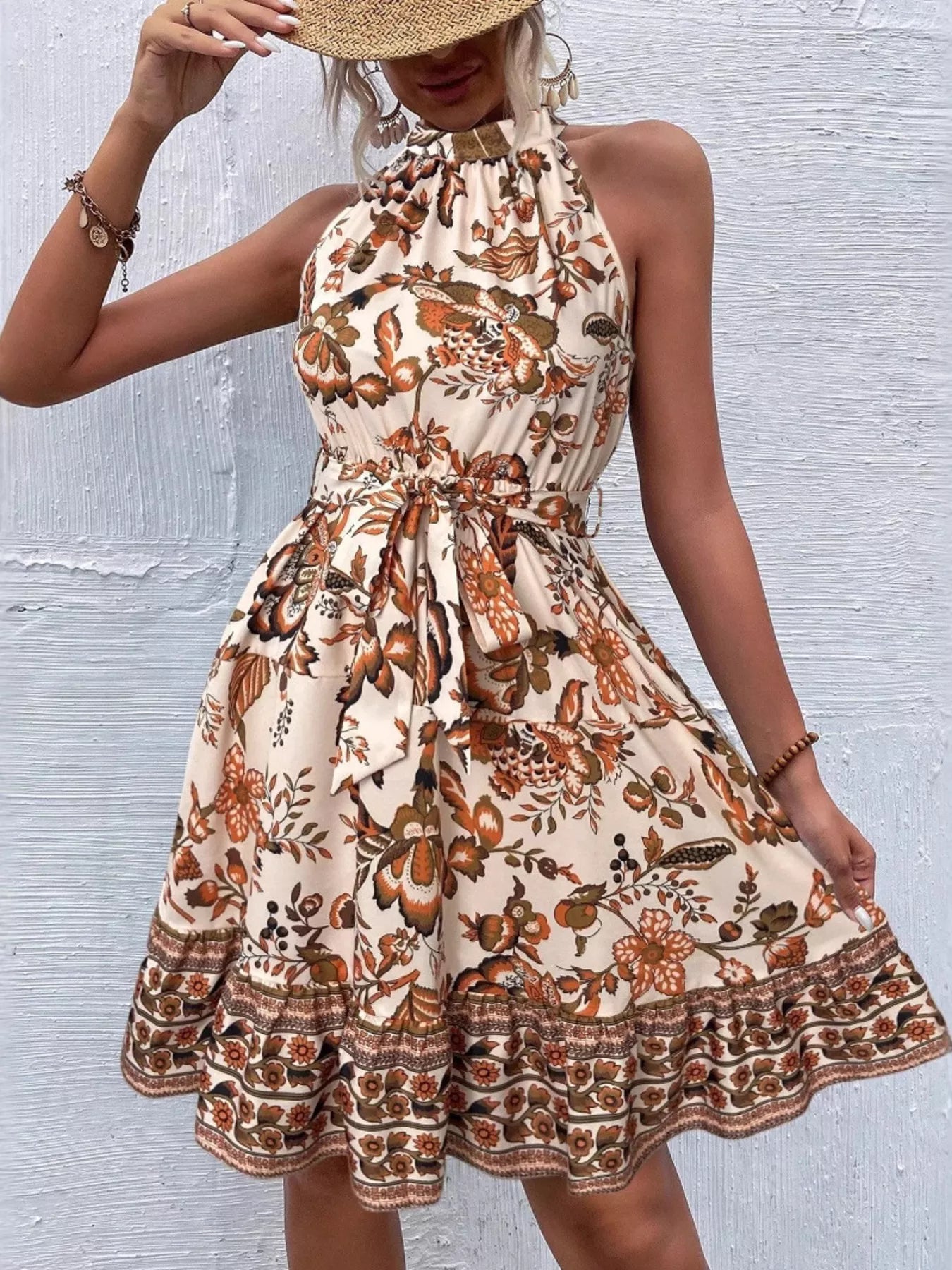Printed Sleeveless Tie Waist Dress Simmer & Fay