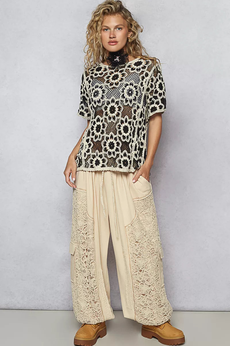 Openwork Short Sleeve Crochet Knit Top with Weave Knit Patterns POL