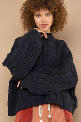 Mock Neck Cable Knit Sweater POL Charcoal S 