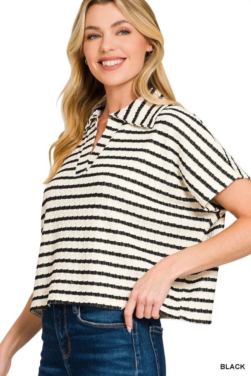 Striped Split Neck Collared Top ZENANA