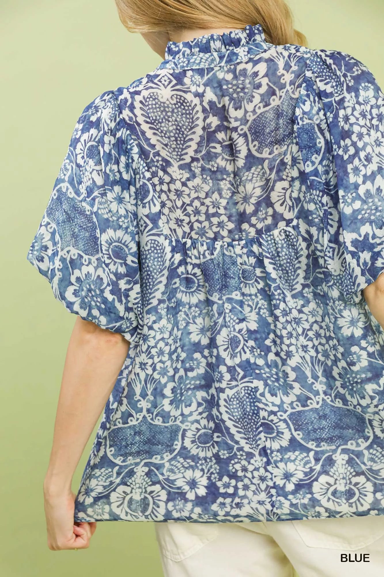 Abstract Print Ruffled Puff Sleeve Top Umgee