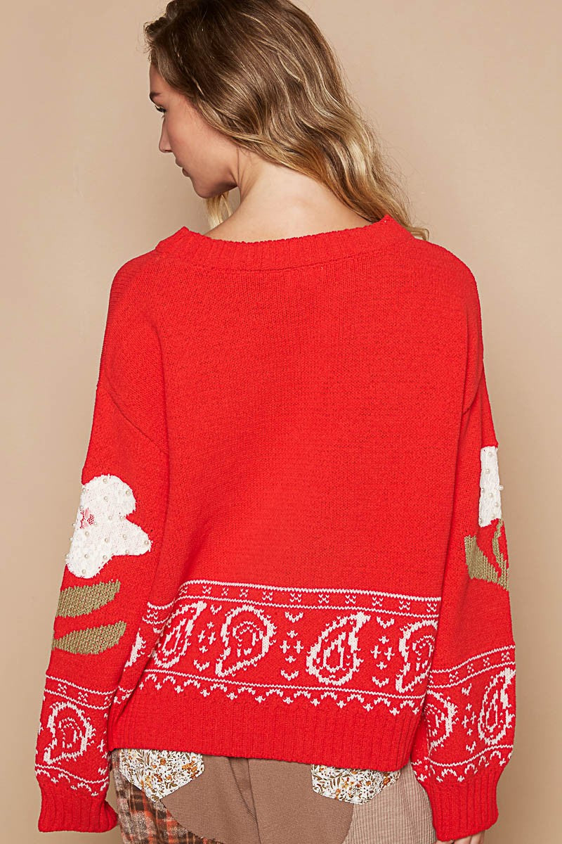 Flower Lace Patch Long Sleeve Sweater POL   