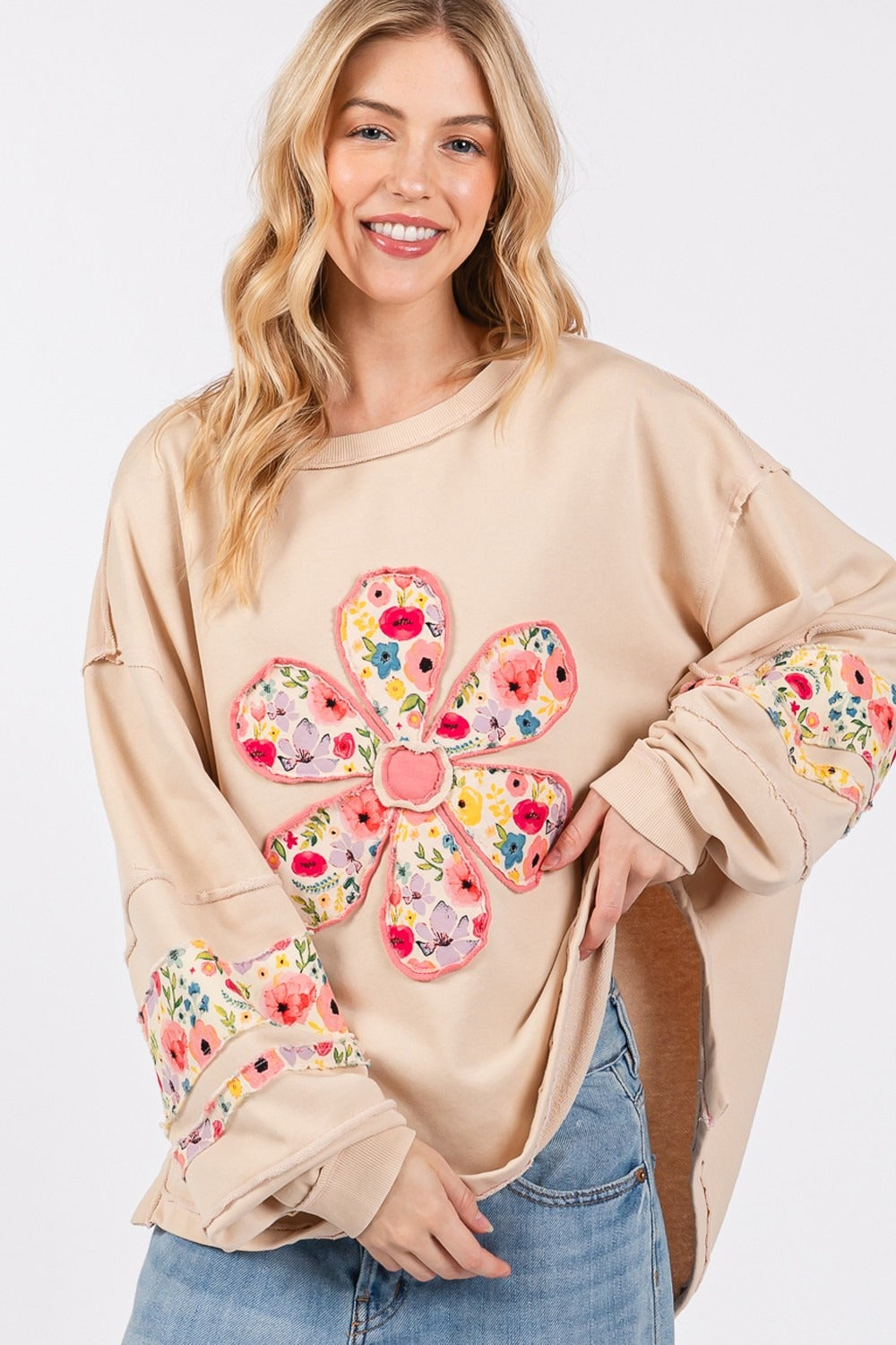 Daisy Patch Applique Long Sleeve Sweatshirt Sage + Fig   