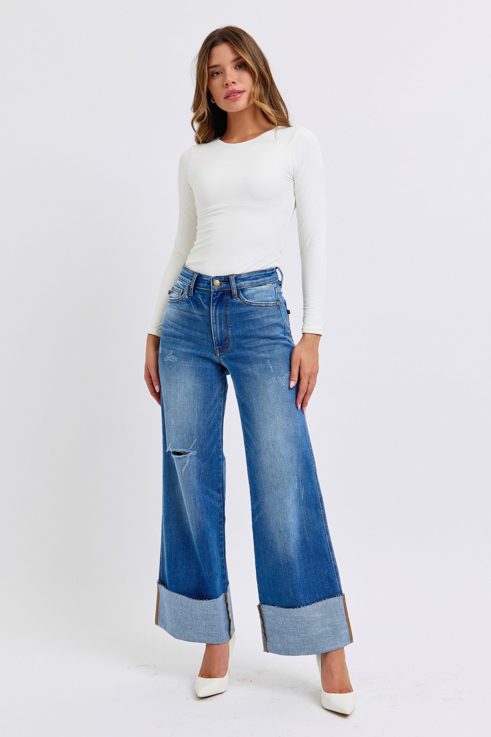 Distressed High Waist Wide Leg Jeans Judy Blue