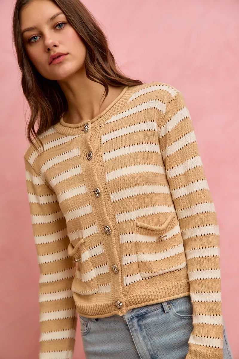 Stripe Long Sleeves Button Sweater Cardigan So Me