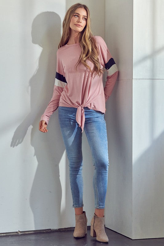 Tie Front Solid Colorblock Long Sleeve Top e Luna   