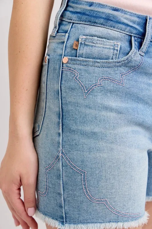 High Waist Western Embroidery Detail Cut Off Denim Shorts Judy Blue